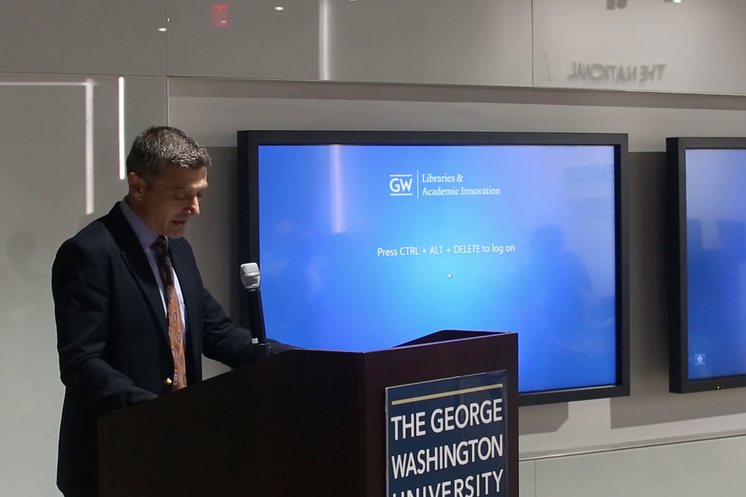 Professor Arie Dubnov delivers a speech at the Howard Sachar lecture