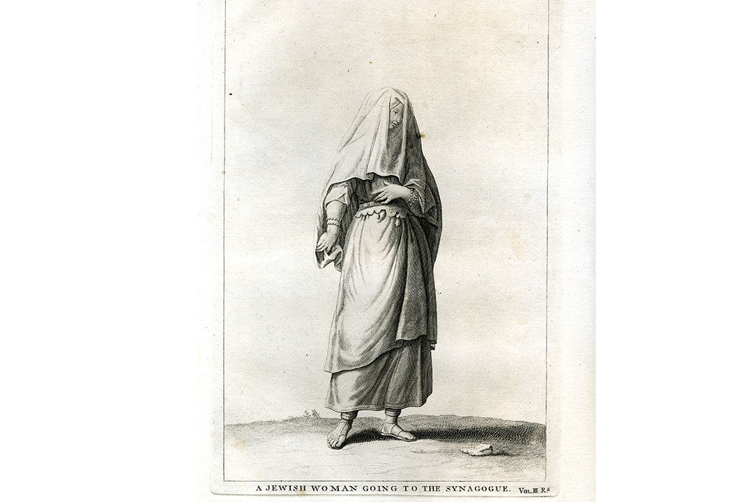 Illustration of a Jewish woman going to the synagogue