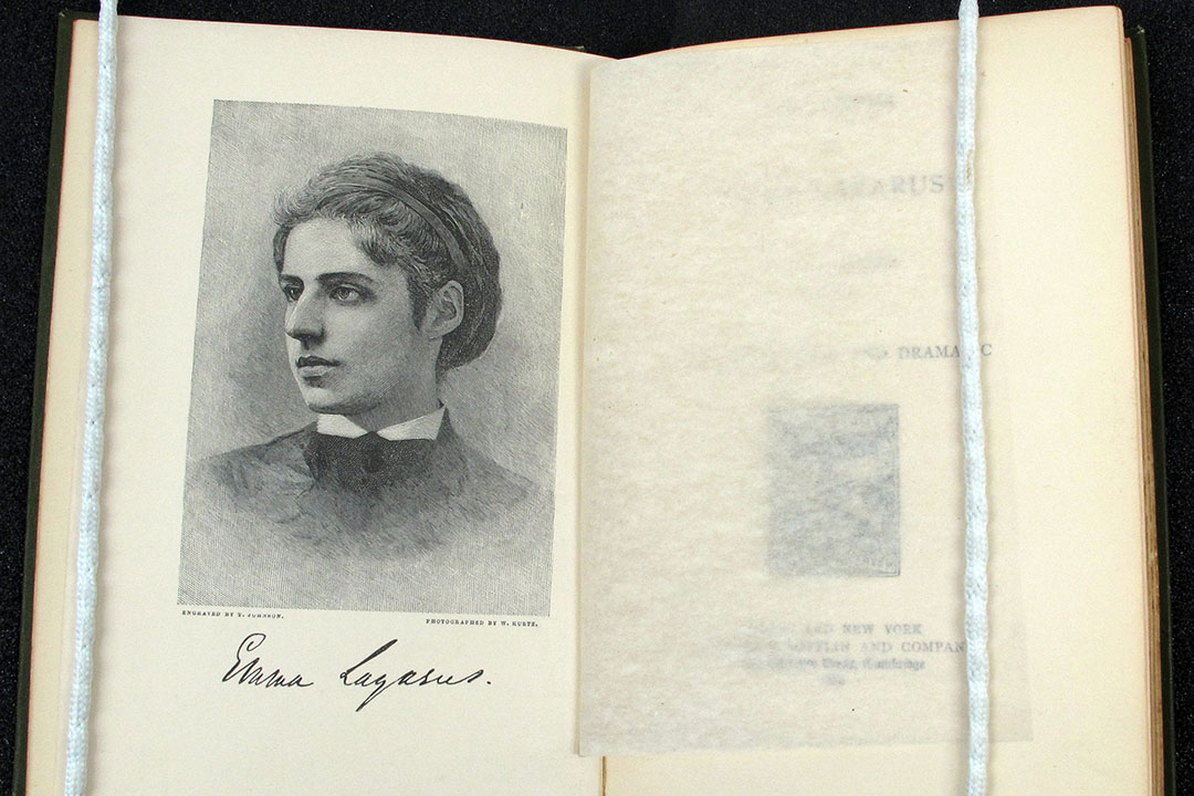 Black and white illustration of Emma Lazarus on the first page of a book