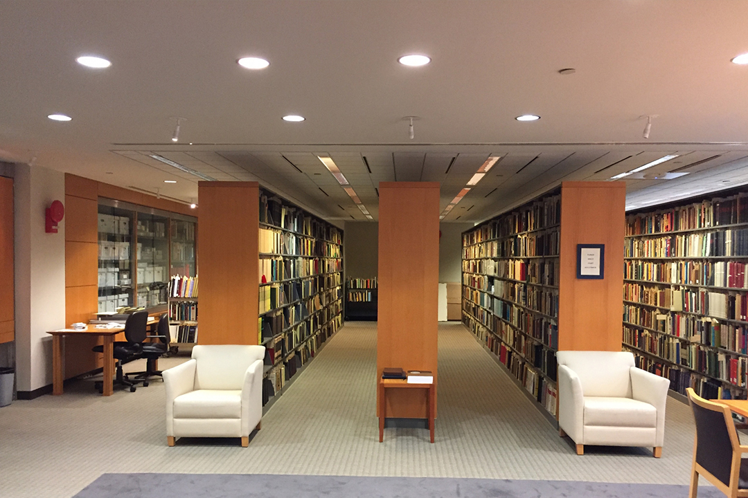 Several bookshelves inside the Kiev room