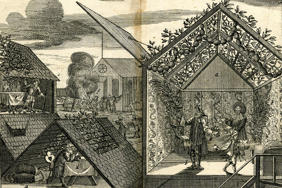 A print of people standing under a sukkah