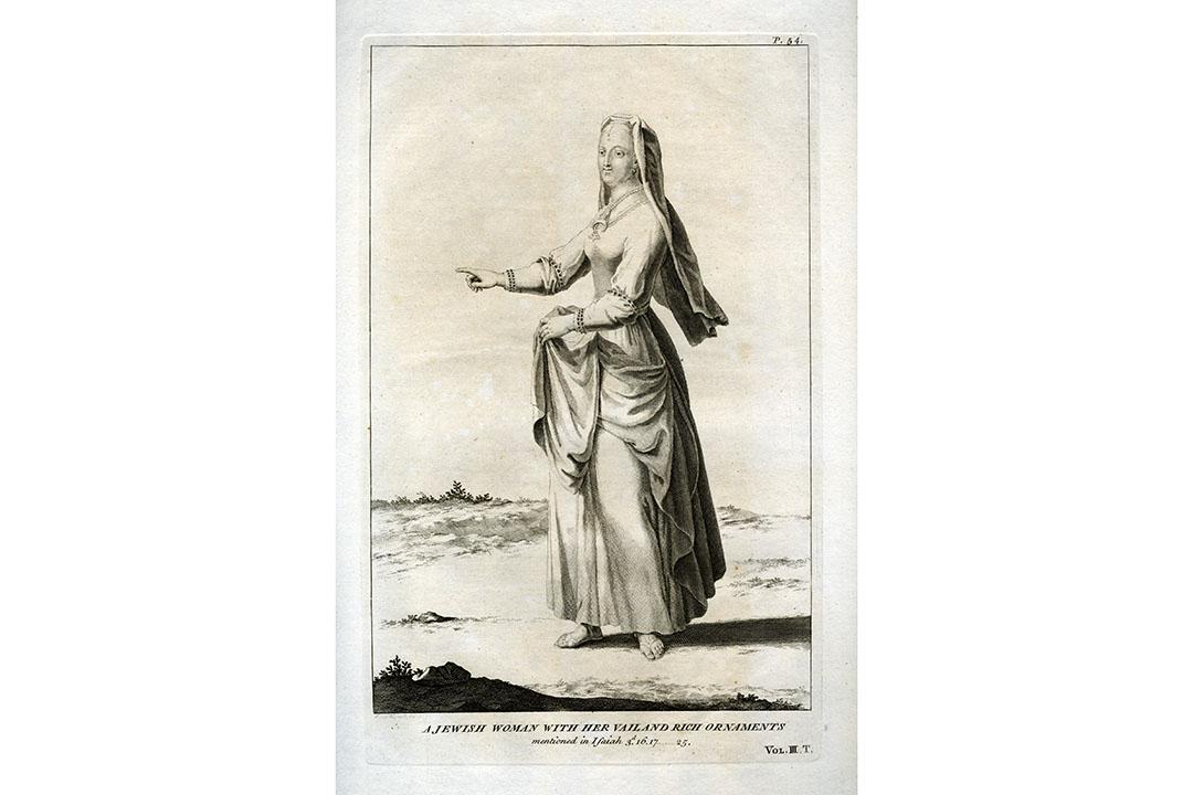 A print of a woman wearing a long veil and jewelry