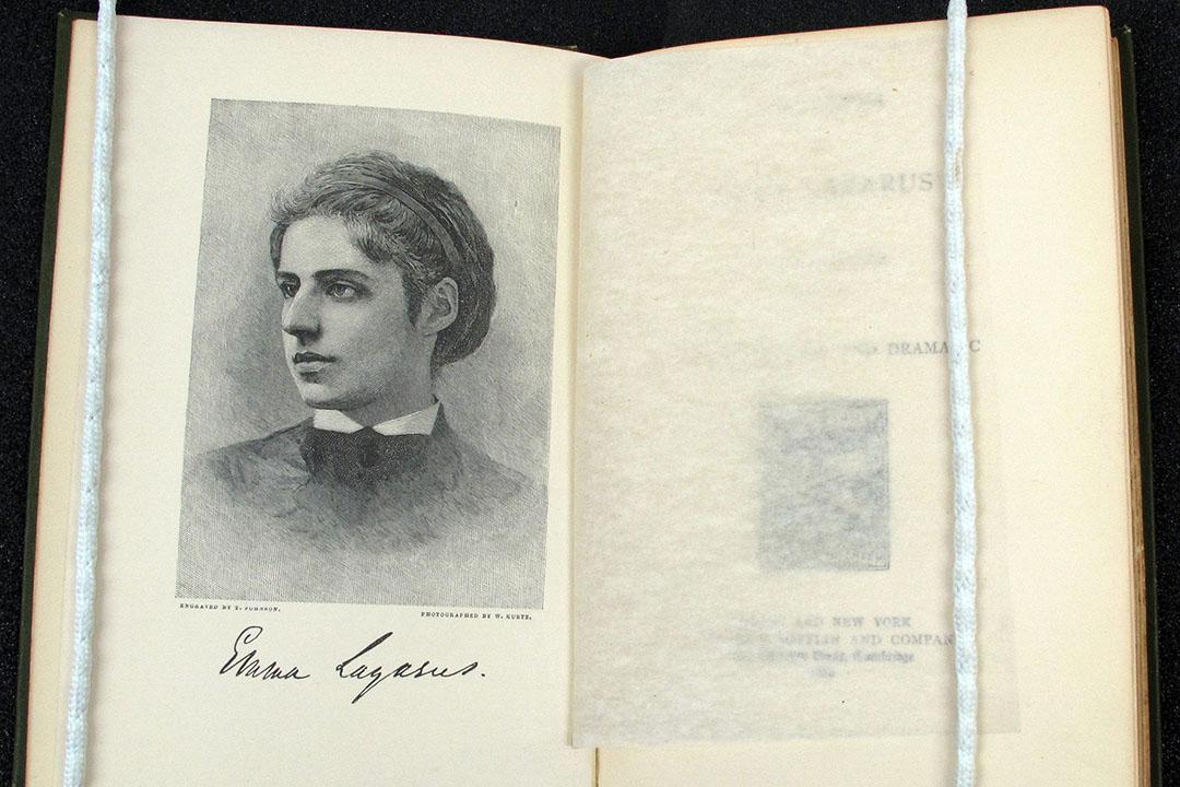 Black and white illustration of Emma Lazarus on the first page of a book