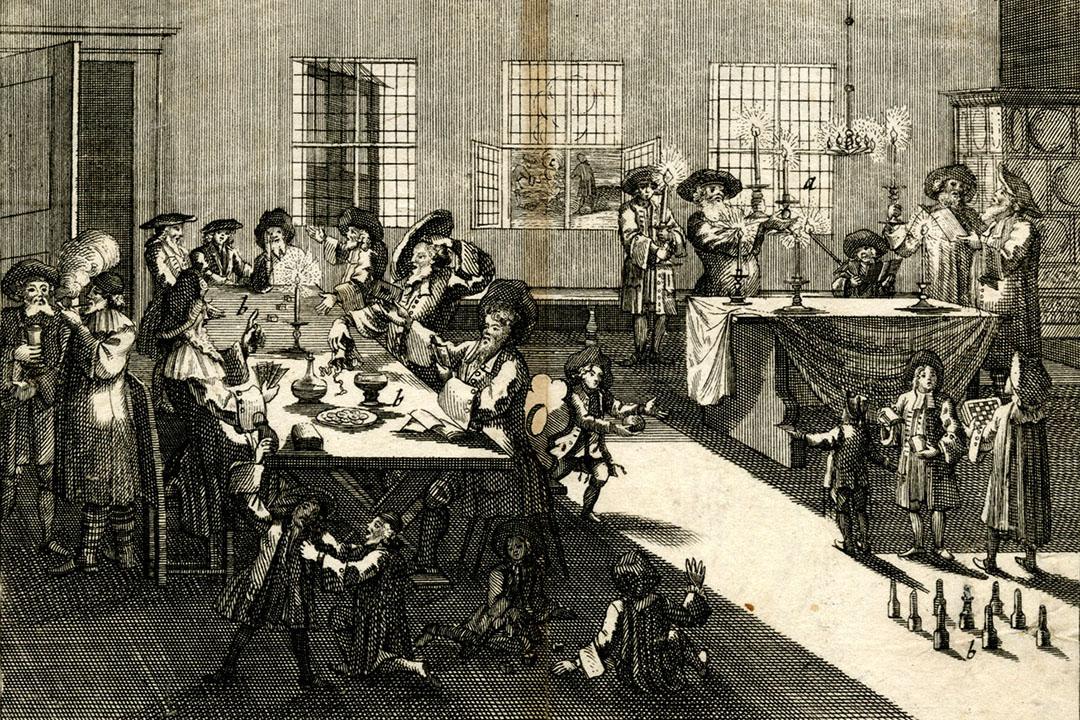 A print depicting crowds of people playing at tables, labeled "die fasnacht oder das spiel-fehlt" (Game Night)