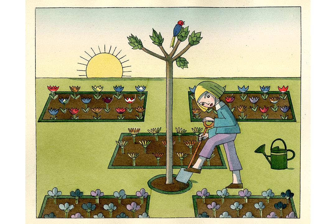 Illustration of a young girl digging in a flower garden with a bird in a tree above