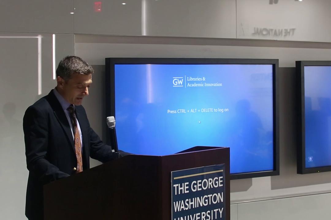 Professor Arie Dubnov delivers a speech at the Howard Sachar lecture